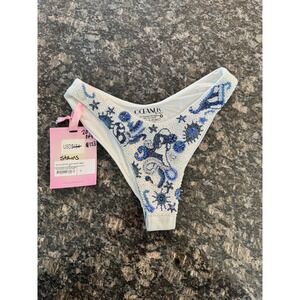 Oceanus Elenora Hand Beaded Bikini Bottom White Blue Celestial Glass Bead sz S